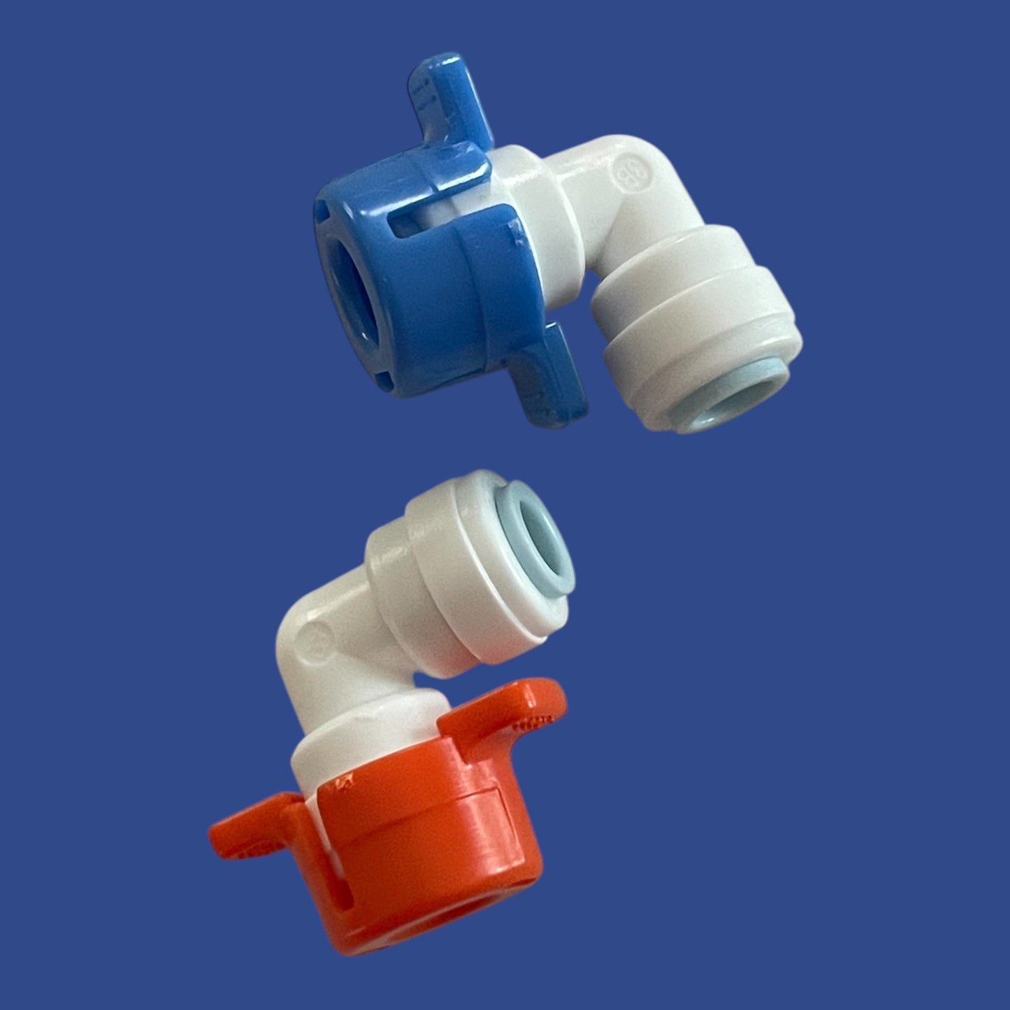 Pair of no-tool push fittings (one white and blue and the other is white and orange) for connecting water filters to tubing for water cooler filter replacement