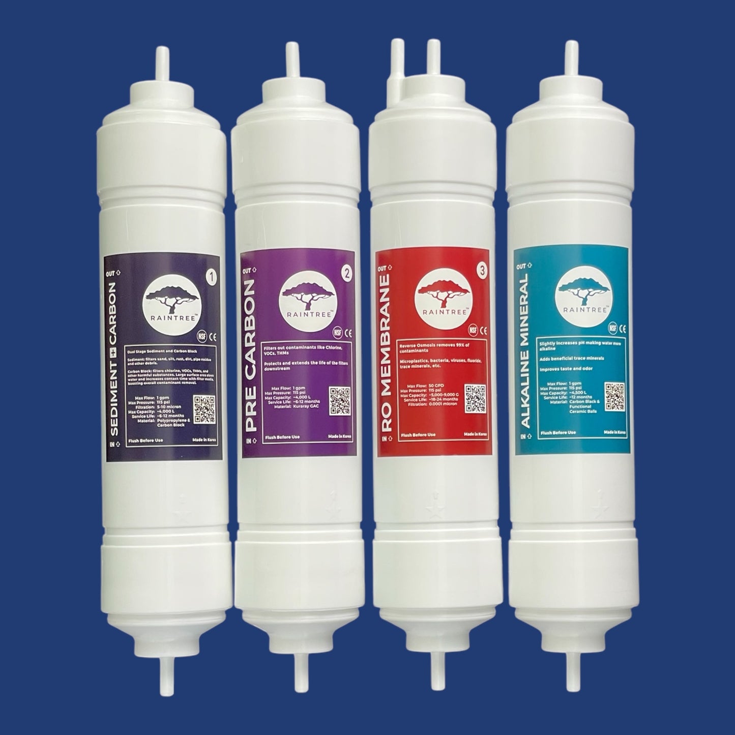 Set of 4 water filters. Sediment + carbon block filter, pre carbon GAC filter, Reverse Osmosis Membrane, alkaline mineral carbon block filter. Used for water cooler and undersink system filter replacement.