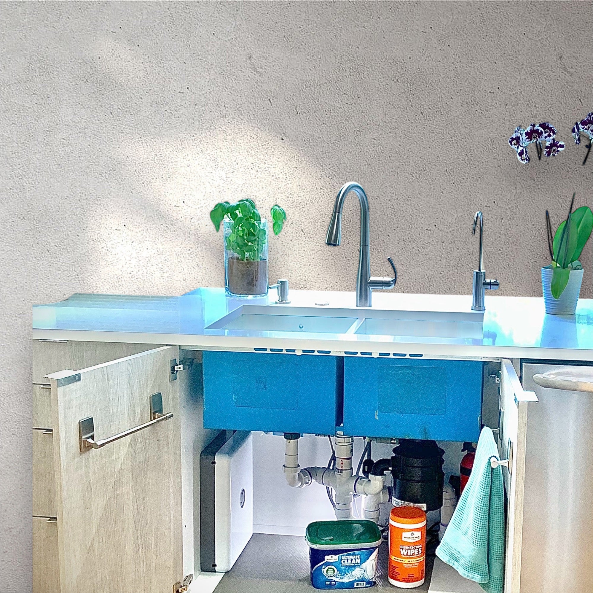 View of Raintree undersink water filter system installed under a kitchen sink.