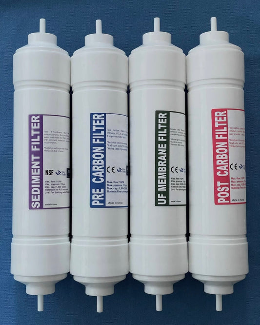 12” Inline I-Type Ultrafilter Replacement Set includes Sediment Filter, Pre Carbon Filter, Ultrafilter Membrane and Post Carbon Filter.