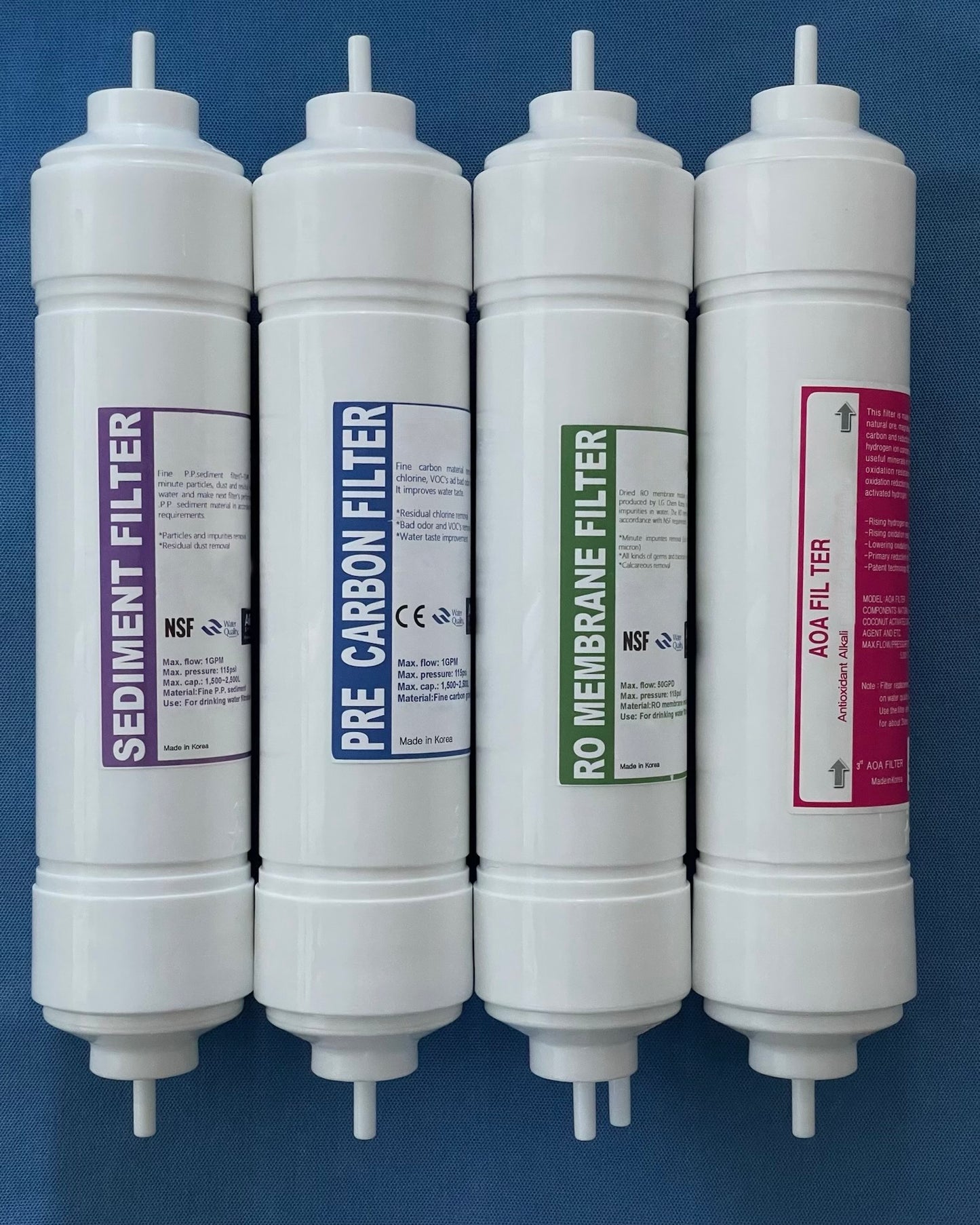 12” Inline I-Type Reverse Osmosis Replacement Set includes 4 filters. Sediment Filter, Pre Carbon Filter, Reverse Osmosis Membrane and Alkaline Filter. 