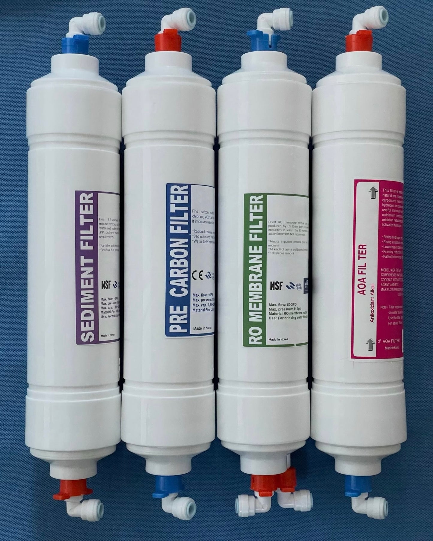 12” Inline I-Type Reverse Osmosis Replacement Set with Fittings includes 4 filters. Sediment Filter, Pre Carbon Filter, Reverse Osmosis Membrane, Alkaline Filter and 9 color coded (orange and blue) Fittings.