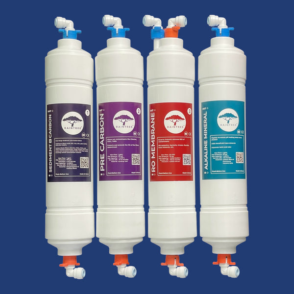 Set of 4 water filters. Sediment + carbon block filter,, pre carbon filter (GAC filter), Reverse Osmosis Membrane, alkaline mineral filter (carbon block filter) + color coded no tool push fittings attached. Filters used for water cooler and undersink system filter replacement.