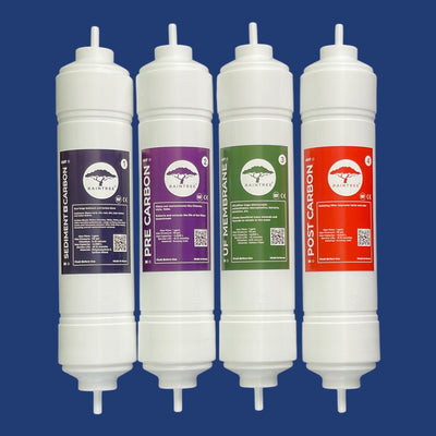 Set of 4 water filters. Sediment + carbon block filter, pre carbon GAC filter, Ultrafilter Membrane, post carbon GAC filter. Color coded no tool push fittings attached. Used for water cooler and undersink system filter replacement.