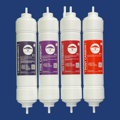 Set of 4 water filters. Sediment + carbon block filter, pre carbon GAC filter, Reverse Osmosis Membrane, post carbon GAC filter. Used for water cooler and undersink system filter replacement.