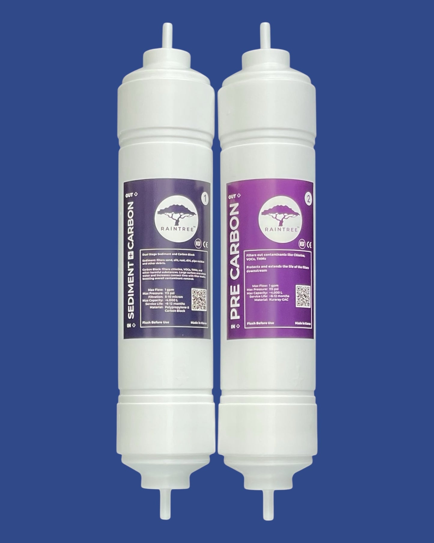 Raintree water filters pre filter set. 2 filters. Left filter is sediment+carbon block filter and Right filter is Pre carbon filter (GAC filter). Filters are used for water cooler and undersink water filtration systems.
