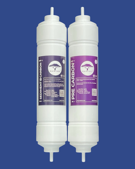 Raintree water filters pre filter set. 2 filters. Left filter is sediment+carbon block filter and Right filter is Pre carbon filter (GAC filter). Filters are used for water cooler and undersink water filtration systems.