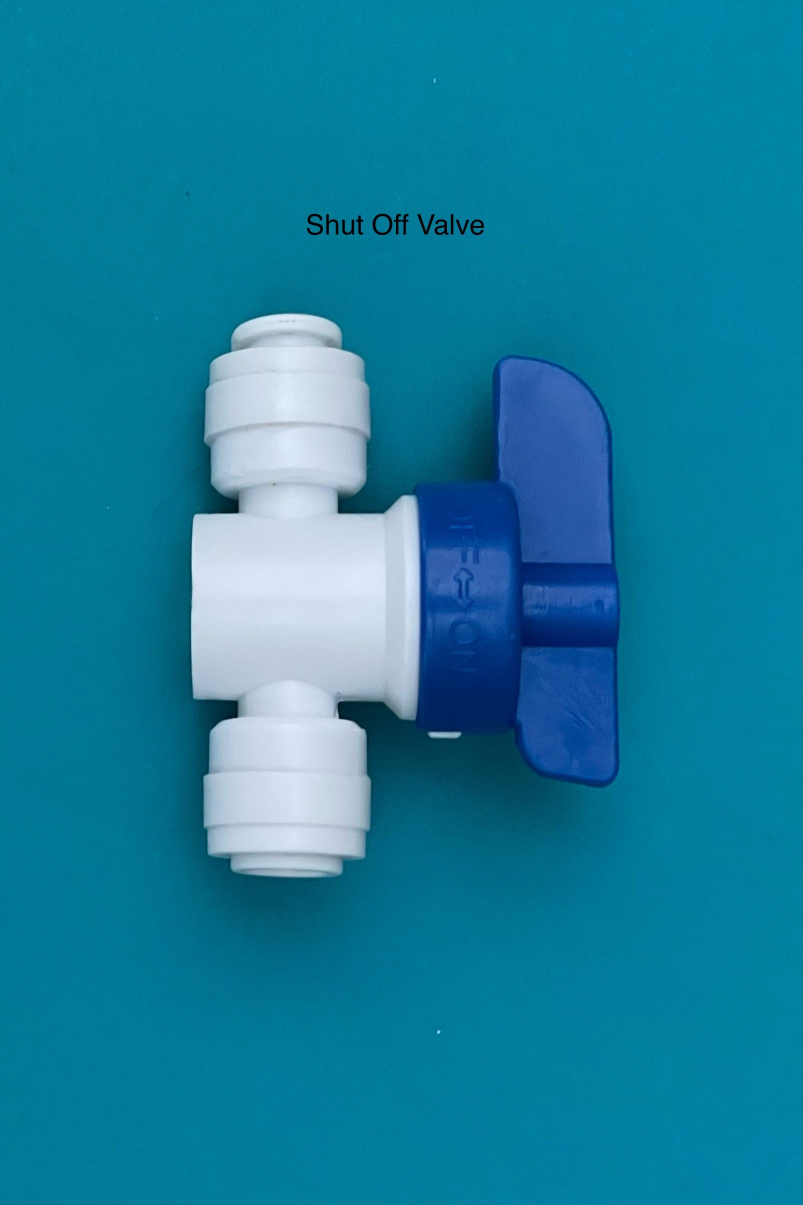 One 1/4" Shut Off Valve. White Plastic with blue handle