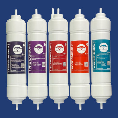 Set of 5 water filters. Sediment + carbon block filter, pre carbon GAC filter, Reverse Osmosis Membrane, post carbon GAC filter, alkaline mineral carbon block filter. Used for water coolers and undersink water filtration systems.