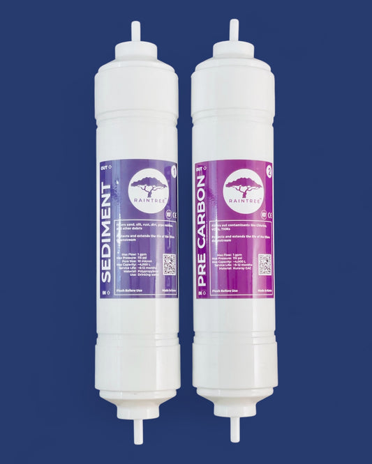 Raintree water filters pre filter set. 2 filters. Left filter is sediment+carbon block filter and Right filter is Pre carbon filter (GAC filter). Filters are used for water cooler and undersink water filtration systems.