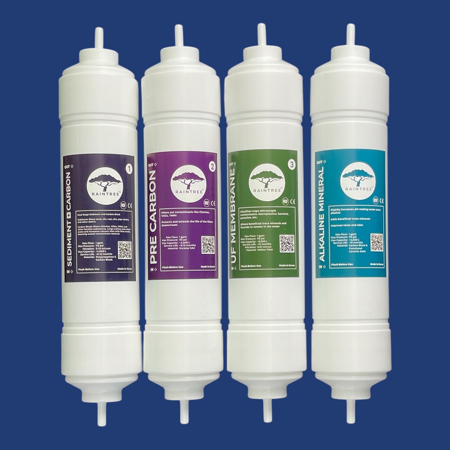 Set of 4 water filters. Sediment + carbon block filter, pre carbon GAC filter, Ultrafilter Membrane, alkaline mineral filter (carbon block filter). Used for water cooler and undersink system filter replacement.