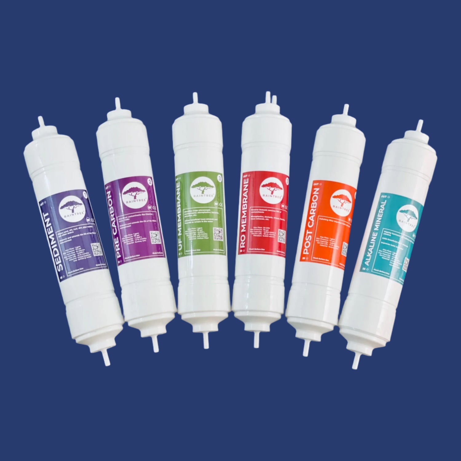 6 water filters. Sediment, pre carbon GAC filter, Ultrafilter membrane, Reverse Osmosis membrane, post carbon GAC filter, Alkaline mineral carbon block filter. Used for water coolers and undersink water filtration systems.