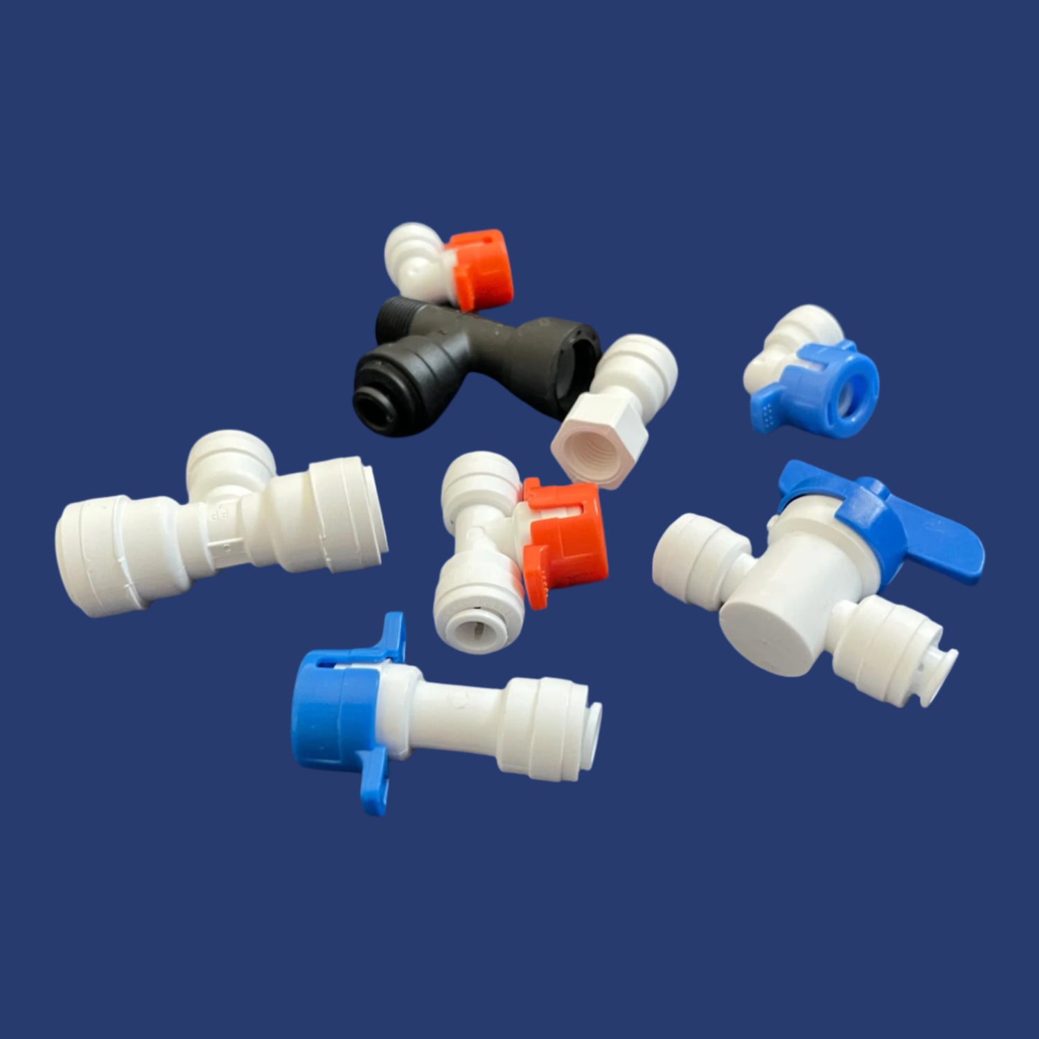 miscellaneous water filtration fittings for water coolers and undersink water filtration systems.