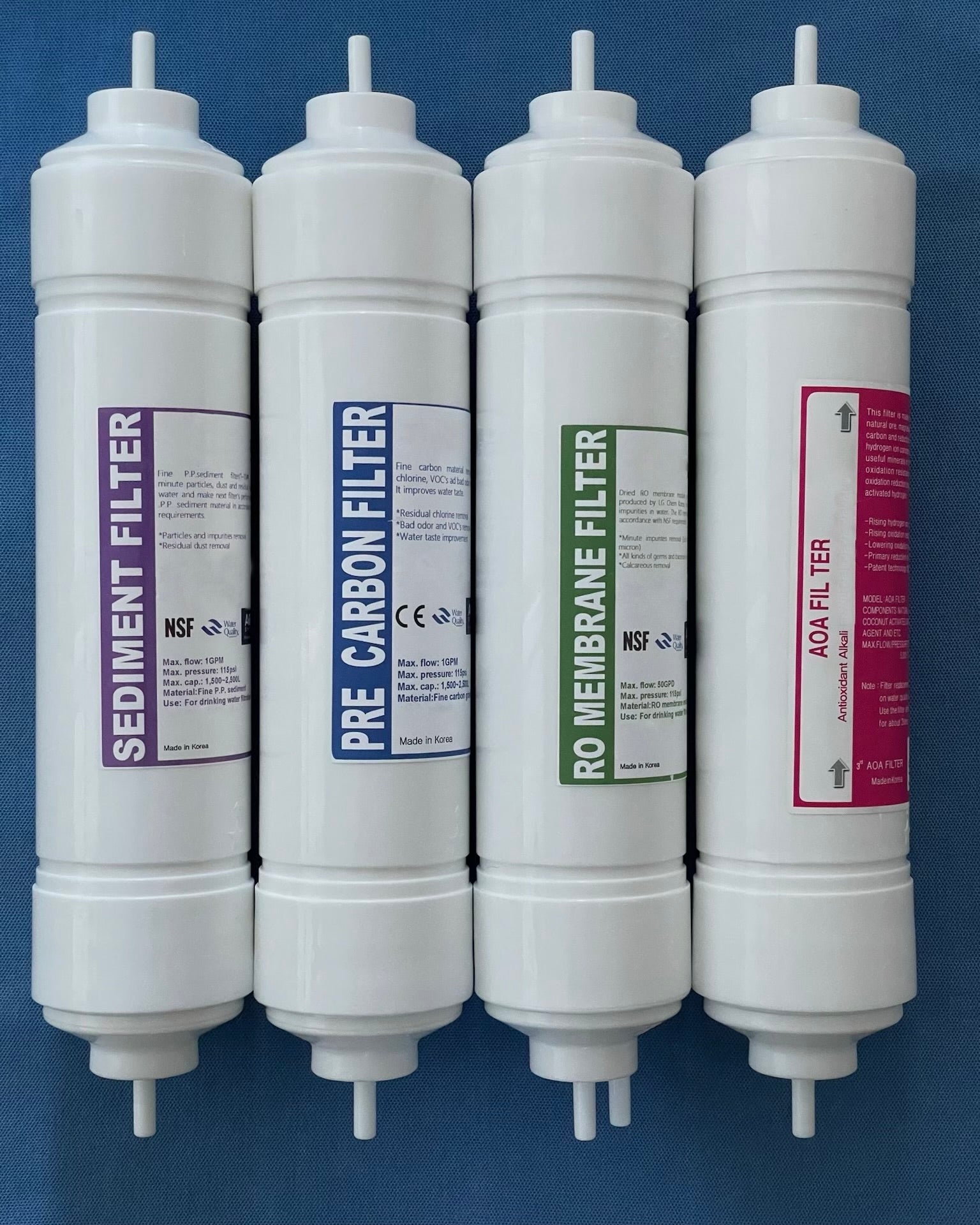 12” Inline I-Type Reverse Osmosis Replacement Set includes 4 filters. Sediment Filter, Pre Carbon Filter, Reverse Osmosis Membrane and Alkaline Filter. 