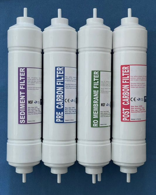 12” Inline I-Type Reverse Osmosis Replacement Set includes 4 filters. Sediment Filter, Pre Carbon Filter, Reverse Osmosis Membrane and Post Carbon Filter. 