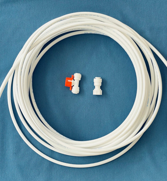 Refrigerator Connection Kit. Includes 15 feet of Poly tubing, a 1/4” T Fitting and a Refrigerator Adapter Fitting.